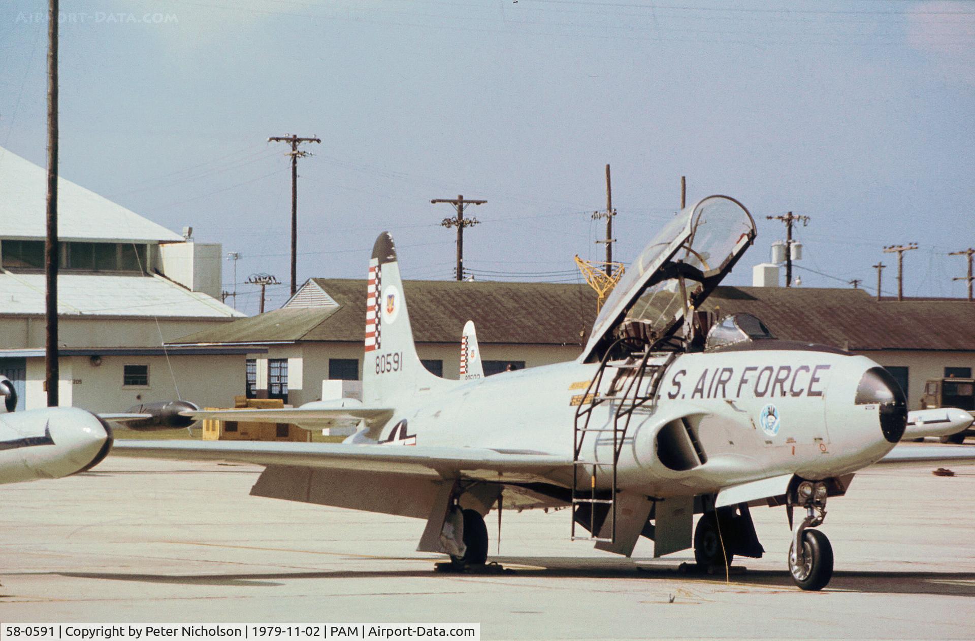 58-0591, 1958 Lockheed T-33A Shooting Star C/N 580-1560, T-33A Shooting Star of the 95th Fighter Interceptor Training Squadron at Tyndall AFB in November 1979.