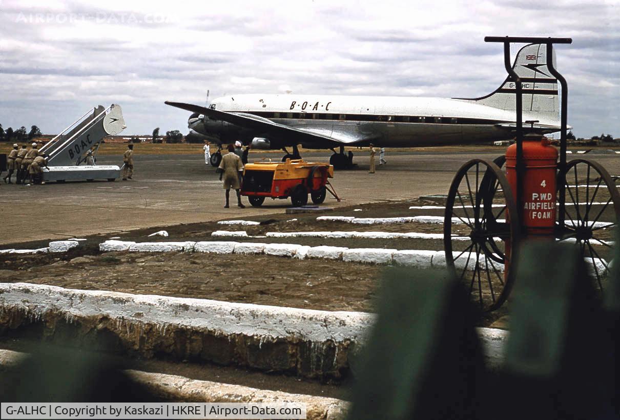 G-ALHC, 1948 Canadair C-4 (DC-4M-2) Argonaut C/N 145, Taken at Nairobi's old Eastleigh airport, 1955. Flight from London (Heathrow) was a 29 hours bone shaker via Rome, Cairo, Khartoum and Entebbe - each was a 6-hour leg except for Entebbe-Nairobi, 3 hours.
