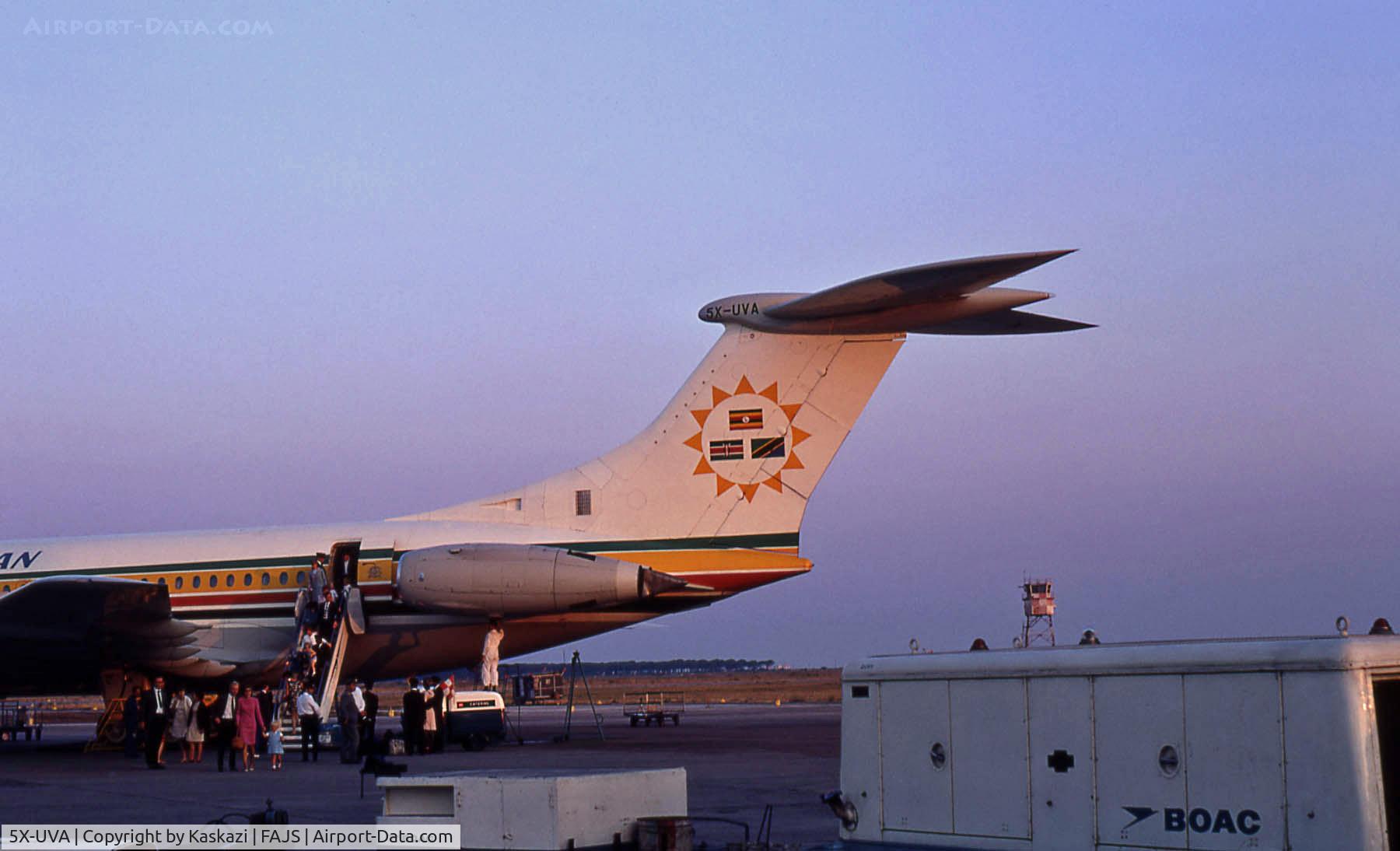 5X-UVA, 1966 Vickers Super VC10 Srs 1154 C/N 881, Taken at Johannesburg, July 1969, following flight from Nairobi. This plane was lost in an accident at Addis Ababa, April 18, 1972 - see http://aviation-safety.net/database/record.php?id=19720418-1
