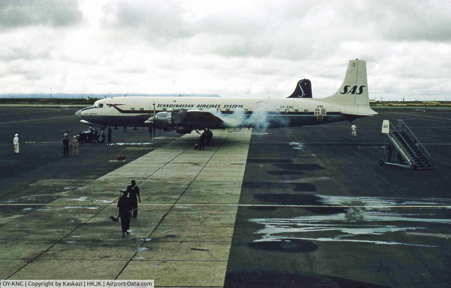 OY-KNC, 1956 Douglas DC-7C Seven Seas Seven Seas C/N 44932, Photo at Nairobi Embakasi, 1960s. Left SAS service 1967-8-11. Broken up at Bordeaux, France, 1980