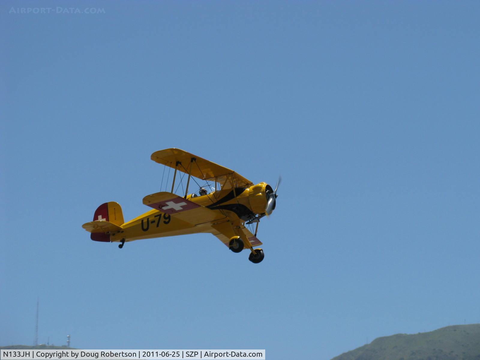 N133JH, 1940 Bucker Bu-133C Jungmeister C/N 26, 1940 Dornier Werke BU.133 Bucker JUNGMEISTER, Siemens-Halske SH 14 A-4 seven cylinder 160 Hp radial, takeoff climb Rwy 22. Early classic aerobatic aircraft