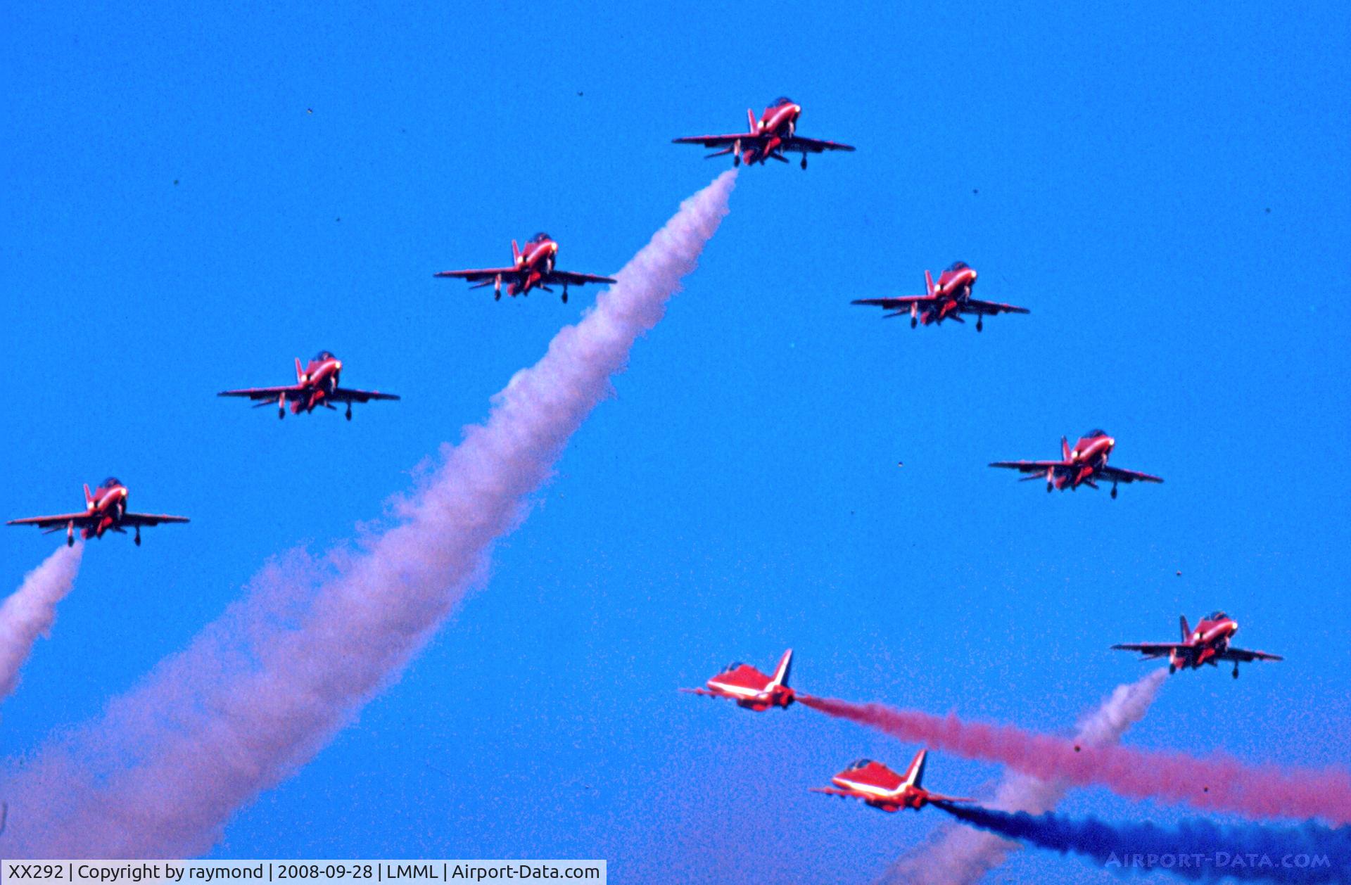 XX292, 1979 Hawker Siddeley Hawk T.1W C/N 119/312117, Red Arrows Hawks Display Team over Malta International Airport