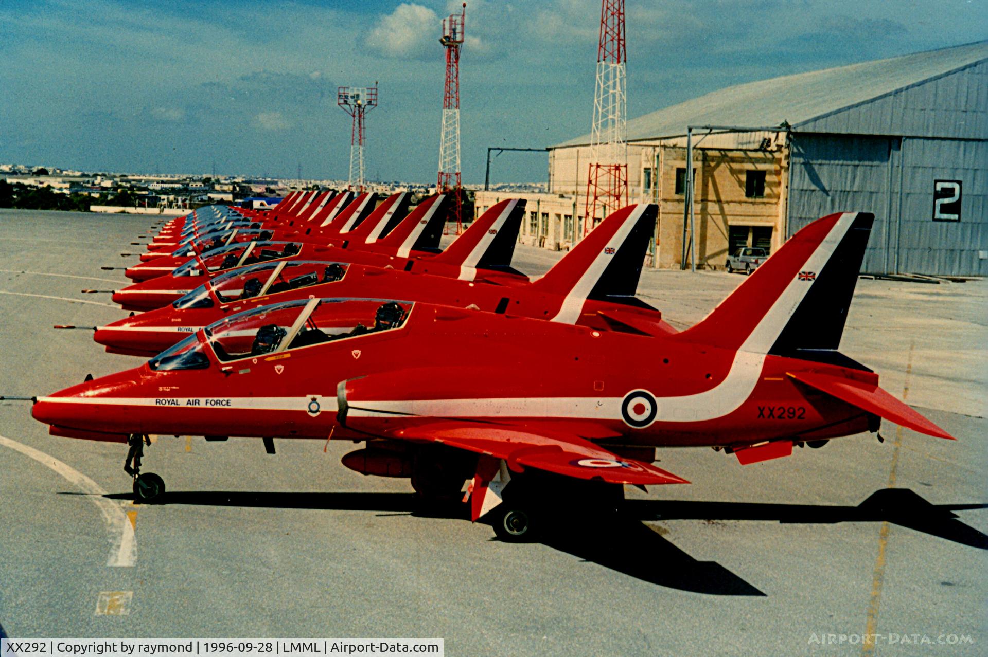XX292, 1979 Hawker Siddeley Hawk T.1W C/N 119/312117, Red Arrows Team lined up at Malta International Airport.