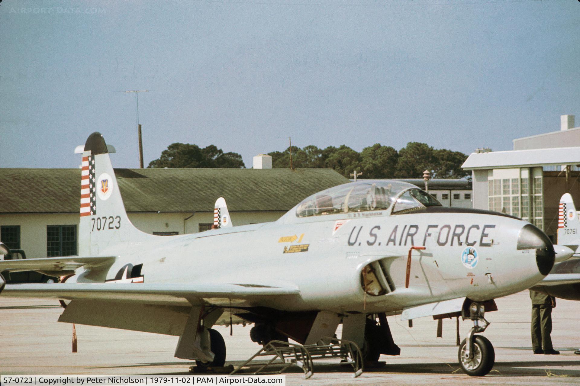 57-0723, 1957 Lockheed T-33A Shooting Star C/N 580-1372, T-33A Shooting Star of 95th Fighter Interceptor Training Squadron at Tyndall AFB in November 1979.