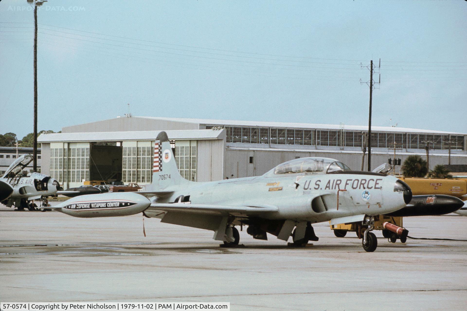 57-0574, 1957 Lockheed T-33A Shooting Star C/N 580-1303, T-33A Shooting Star of 95th Fighter Interceptor Training Squadron at Tyndall AFB in November 1979.