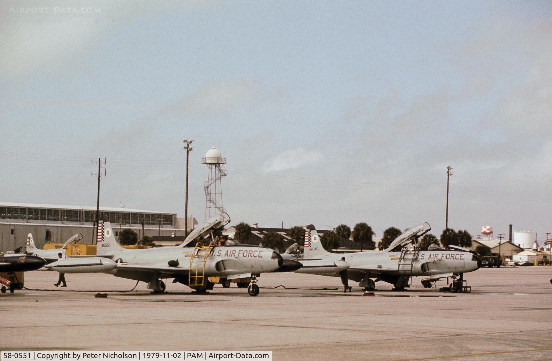 58-0551, 1958 Lockheed T-33A Shooting Star C/N 580-1520, T-33A Shooting Star with companion 55-4346 of the Air Defence Weapons Centre at Tyndall AFB in November 1979.