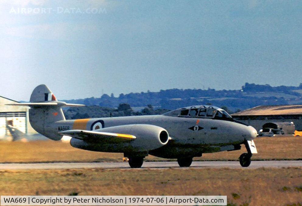 WA669, 1950 Gloster Meteor T.7 C/N Not found WA669, Meteor T.7 of the Central Flying School's Vintage Pair display team taxying at the 1974 Intnl Air Tattoo at RAF Greenham Common.
