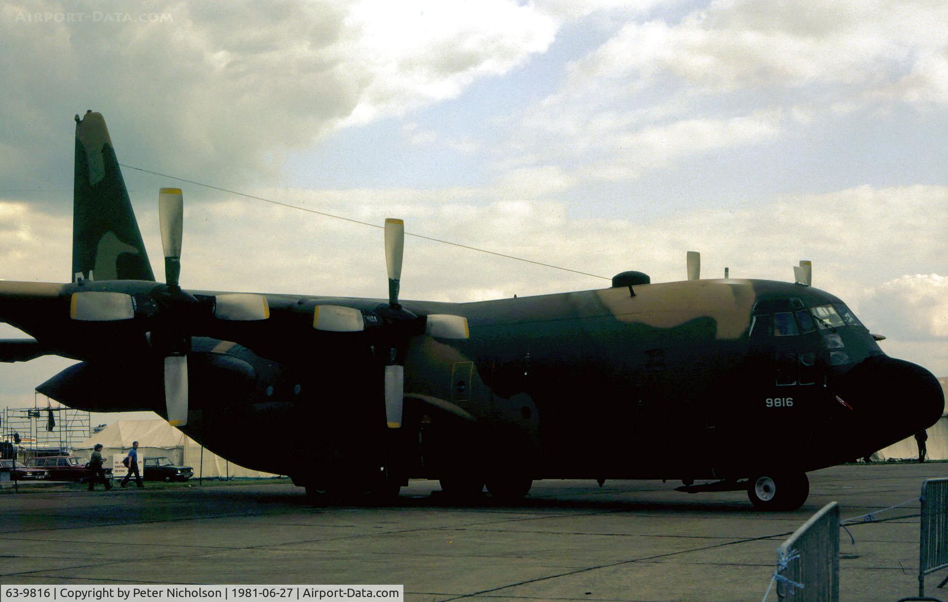 63-9816, 1963 Lockheed EC-130E Hercules C/N 382-3977, EC-130E Hercules of the 193rd Electronic Combat Squadron of the Pennsylvania Air National Guard on display at the 1981 Intnl Air Tattoo at RAF Greenham Common.