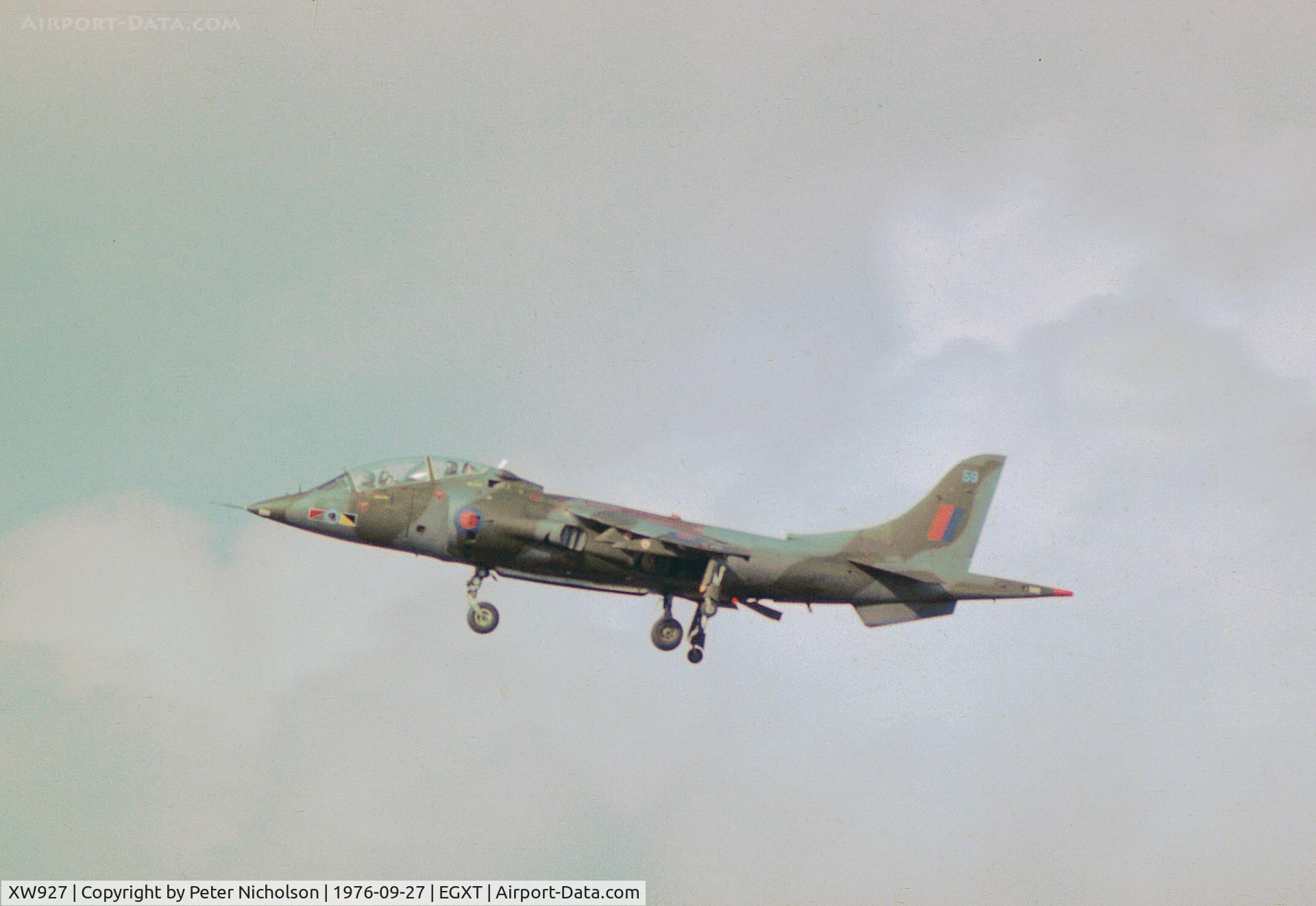 XW927, 1972 Hawker Siddeley Harrier T.2A C/N 212015, Harrier T.2A of 233 Operational Conversion Unit returning to RAF Wittering in September 1976.