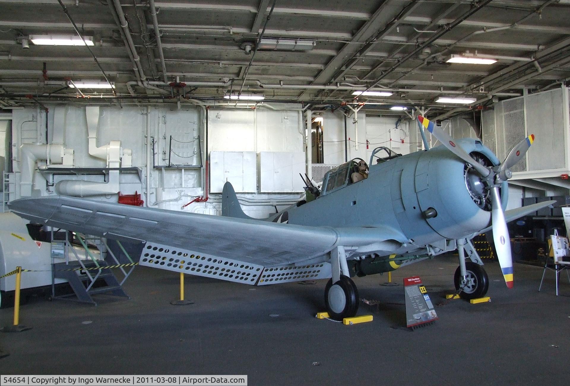 54654, Douglas SBD-6 Dauntless C/N 6168, Douglas SBD-6 Dauntless (rebuilt with aft fuselage of 54654 and parts of other SBDs) in the Hangar of the USS Midway Museum, San Diego CA