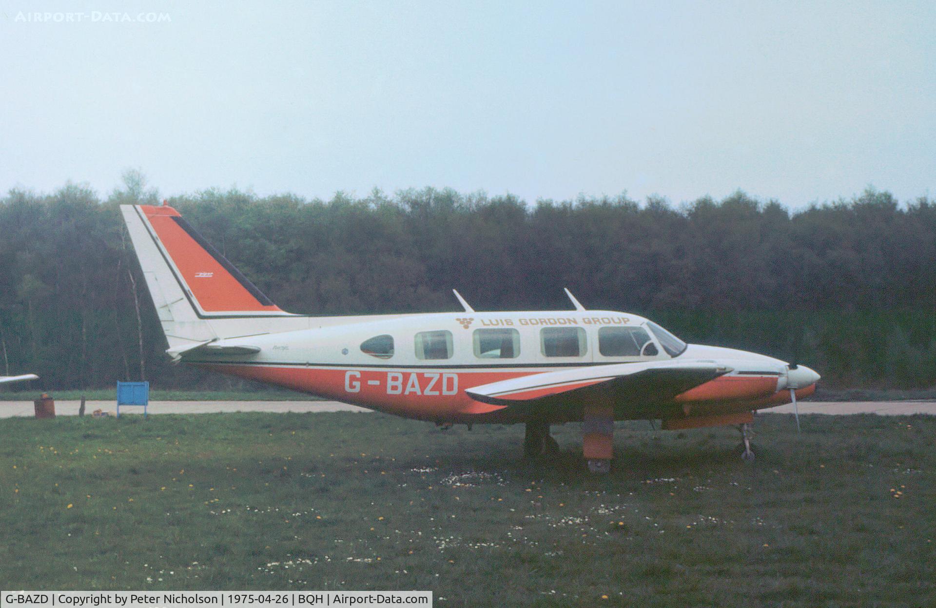 G-BAZD, 1973 Piper PA-31 Navajo C/N 31-7300915, PA-31 Navajo of the Luis Gordon Group resident at Biggin Hill in April 1975.