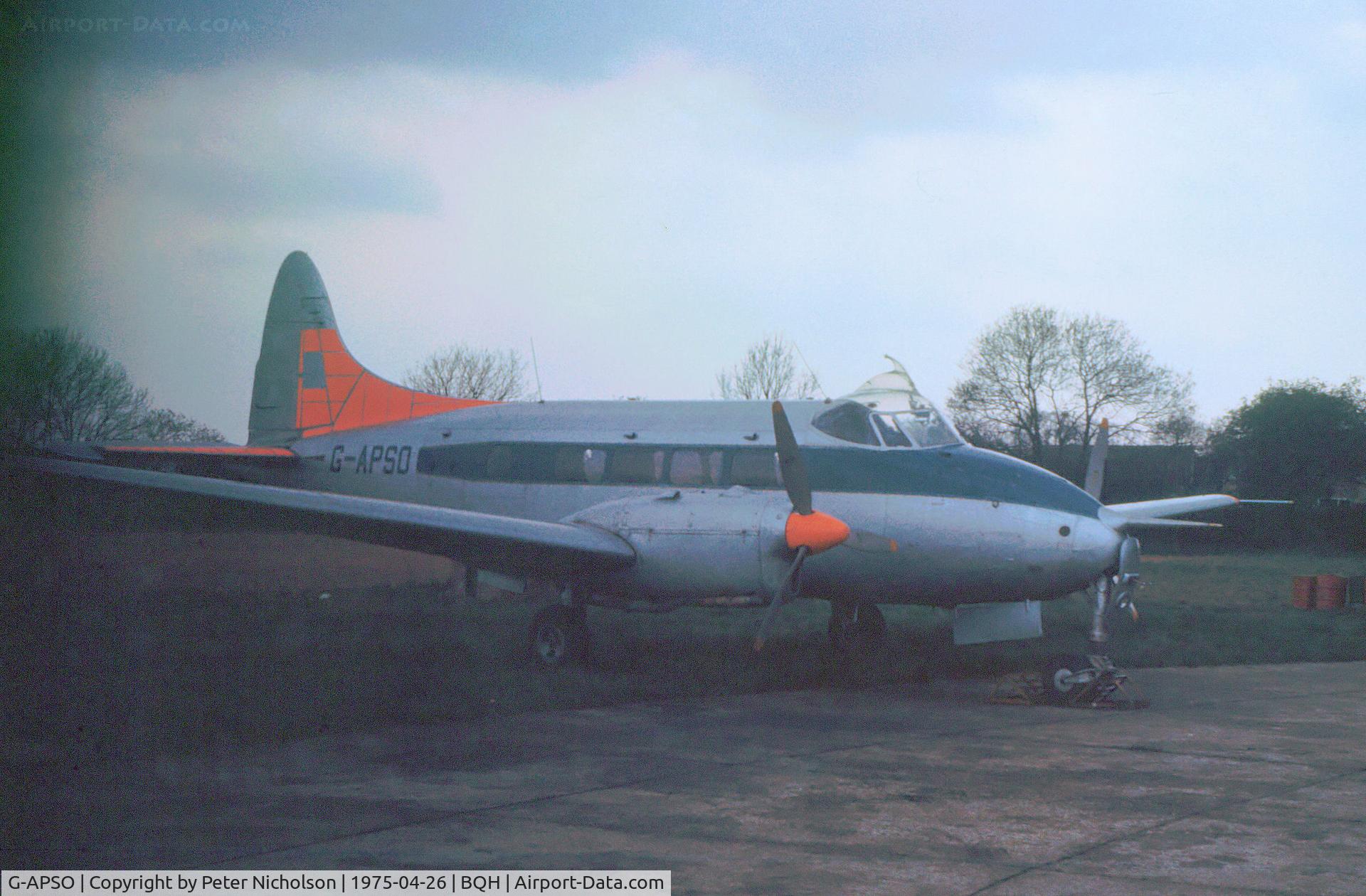 G-APSO, 1959 De Havilland DH-104 Dove 5 C/N 04505, Dove 5 previously with the College of Aeronautics at Cranfield as seen at Biggin Hill in April 1975.