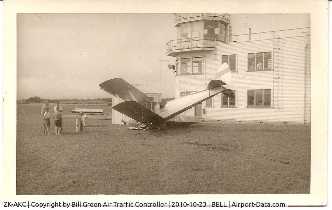 ZK-AKC, De Havilland New Zealand DH-82A Tiger Moth C/N DHNZ97, Anzac Day 1956. Only 3 1/2 hours solo and landed slightly out of wind. Bounced gently onto right wingtip. Panicked and slammed throttle open and the torque did the rest.
