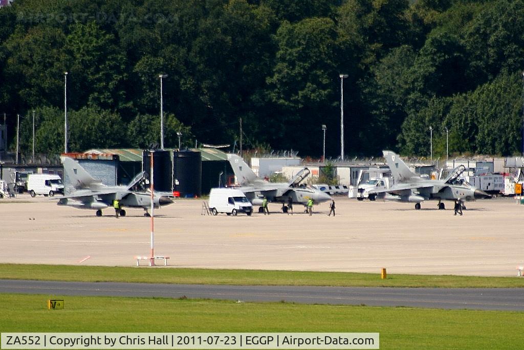 ZA552, 1981 Panavia Tornado GR.4 C/N 068/BT019/3036, with ZD743 and ZA410 on the main apron at Liverpool Airport, taken from the control tower