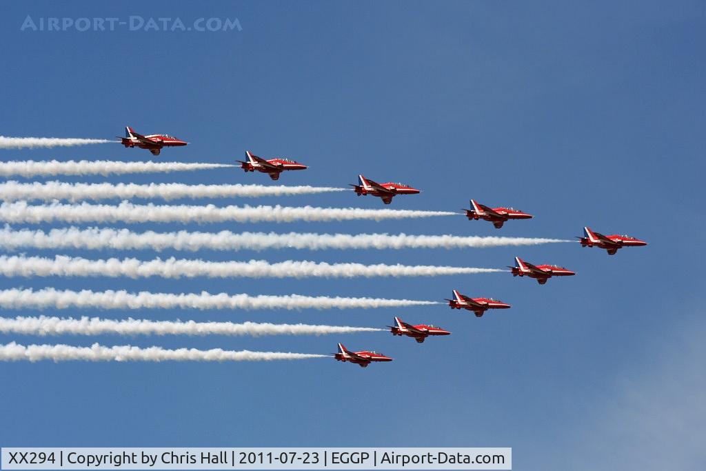 XX294, 1979 Hawker Siddeley Hawk T.1 C/N 122/312119, The Red Arrows performing a flypast at Liverpool Airport