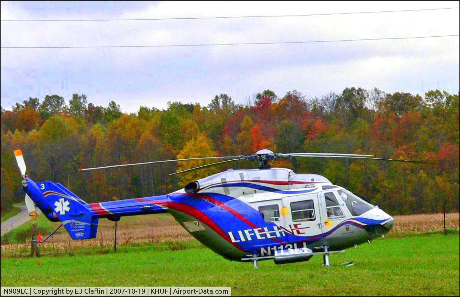 N909LC, 1983 Eurocopter-Kawasaki BK-117A-4 C/N 7013, in its former lifetime, N909LC flew as LifeLine 3 (N113LL) out of Terre Haute, Indiana for Clarian Health.  It was replaced in 2010 by a new delivery EC 145