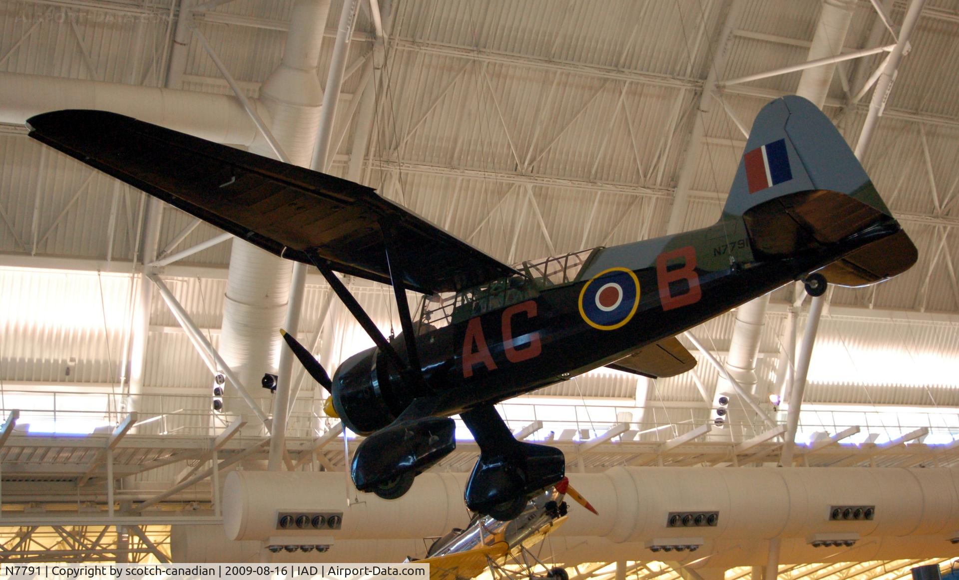 N7791, 1940 Westland Lysander III C/N 1185, 1942 Westland Lysander IIIA at the Steven F. Udvar-Hazy Center, Smithsonian National Air and Space Museum, Chantilly, VA