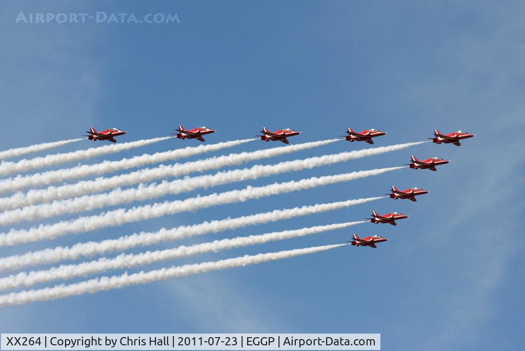 XX264, 1978 Hawker Siddeley Hawk T.1A C/N 100/312100, The Red Arrows performing a flypast at Liverpool Airport