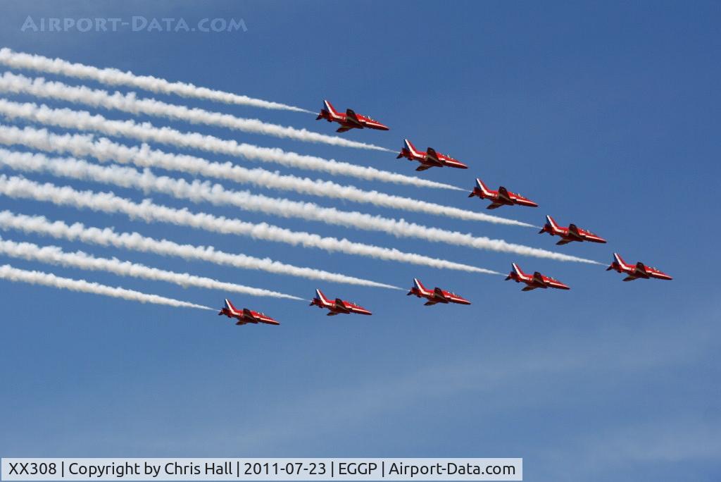 XX308, 1980 Hawker Siddeley Hawk T.1 C/N 143/312133, The Red Arrows performing a flypast at Liverpool Airport