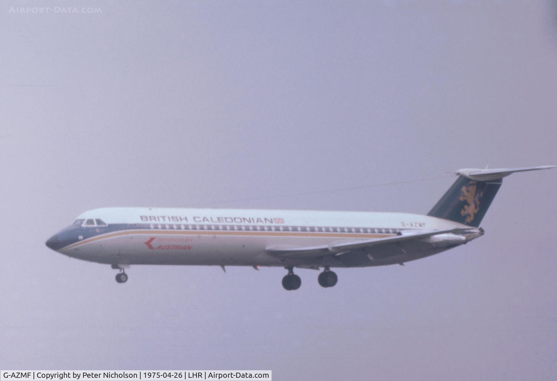 G-AZMF, 1972 BAC 111-530FX One-Eleven C/N BAC.240, One Eleven 530 of British Caledonian leased to Austrian Airways on final approach to Heathrow in April 1975.