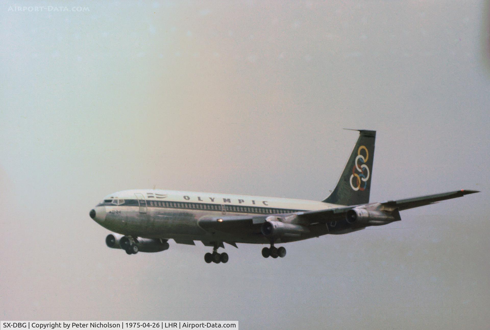 SX-DBG, 1961 Boeing 720-051B C/N 18352, Boeing 720-0151 named Axios River of Olympic Airlines on final approach to Heathrow in April 19750