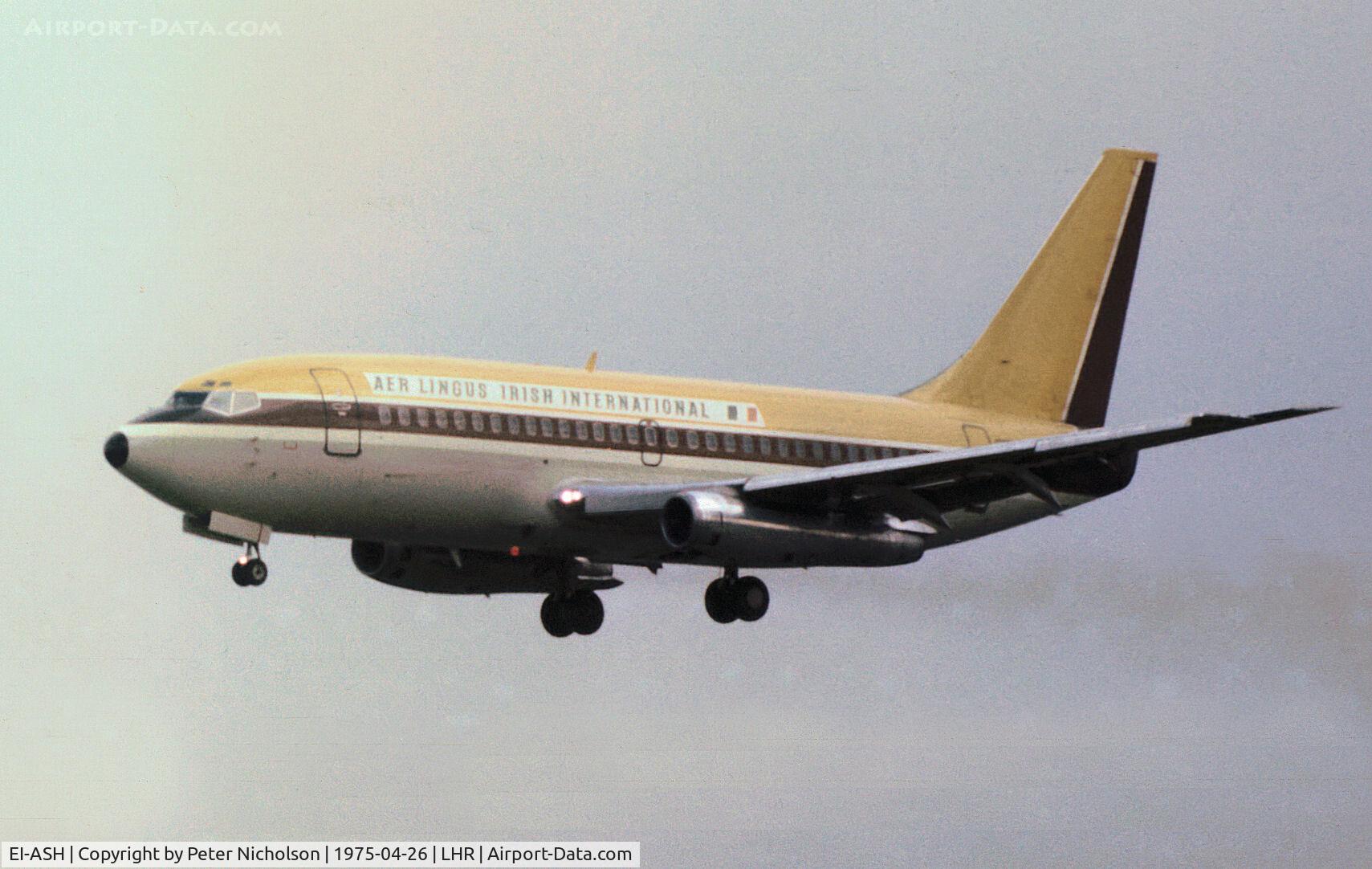 EI-ASH, 1970 Boeing 737-248 C/N 20223, Boeing 737-248 of Aer Lingus on final approach to Runway 10L at Heathrow in April 1975.
