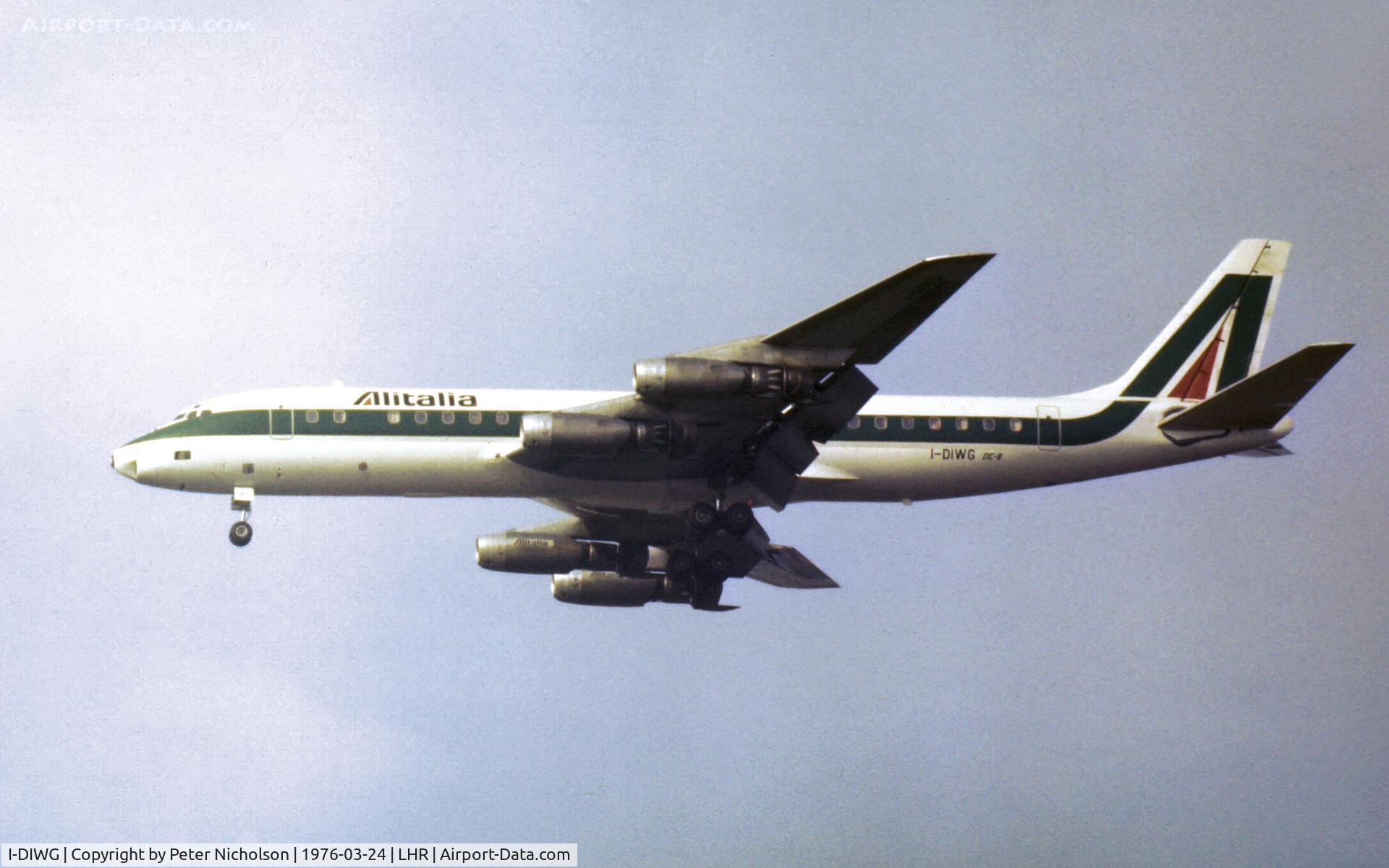 I-DIWG, 1963 Douglas DC-8-43 C/N 45660, Alitalia DC-8-43 on final approach to Heathrow in March 1976.