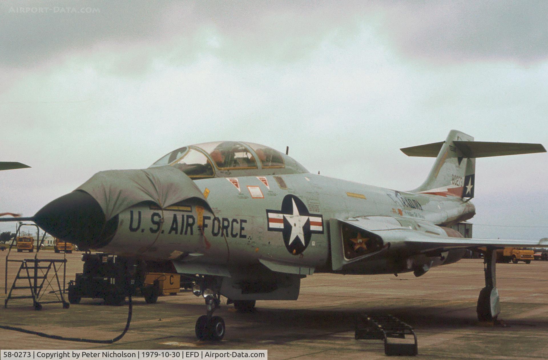 58-0273, 1958 McDonnell F-101B Voodoo C/N 645, F-101B Voodoo of the 111st Fighter Interceptor Squadron/147th Fighter Interceptor Group on the flight-line at Elllington AFB in October 1979.