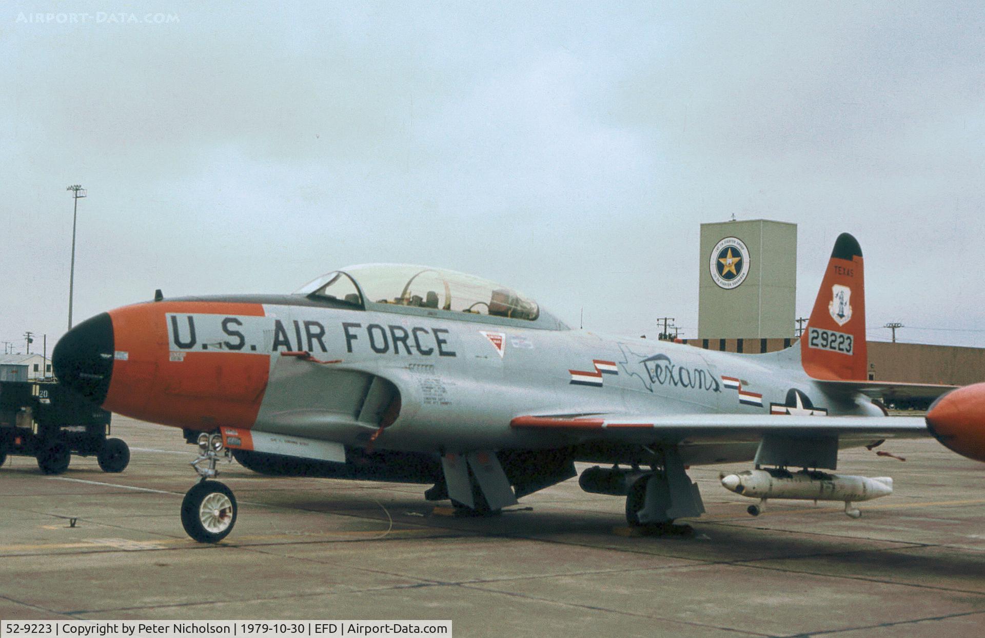 52-9223, 1953 Lockheed T-33A Shooting Star C/N 580-7289, Another view of this 111st Fighter Interceptor Squadron T-33A Shooting Star on the flight-line at Ellington AFB in October 1979.