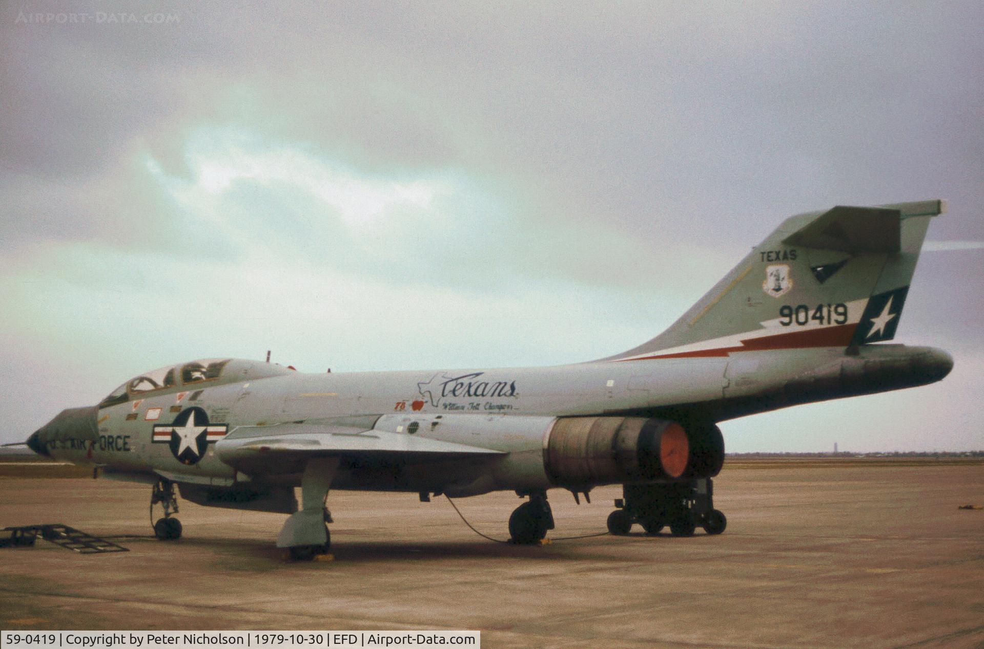 59-0419, 1959 McDonnell F-101F Voodoo C/N 743, F-101F Voodoo of the 111st Fighter Interceptor Squadron on the flight-line at Ellington AFB in October 1979.