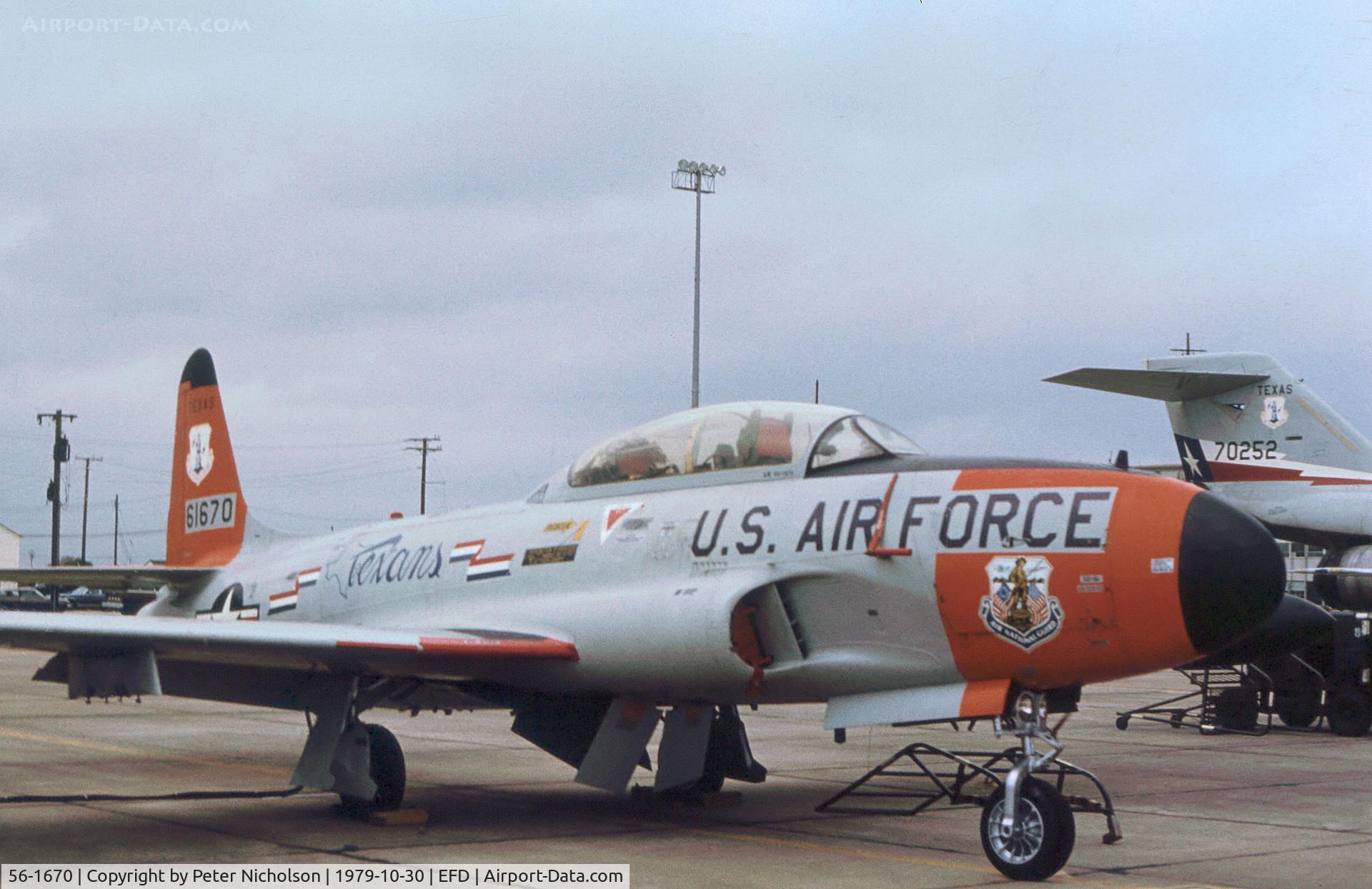 56-1670, 1956 Lockheed T-33A Shooting Star C/N 580-1020, T-33A Shooting Star of the 111st Fighter Interceptor Squadron on the flight-line at Ellington AFB in October 1979.