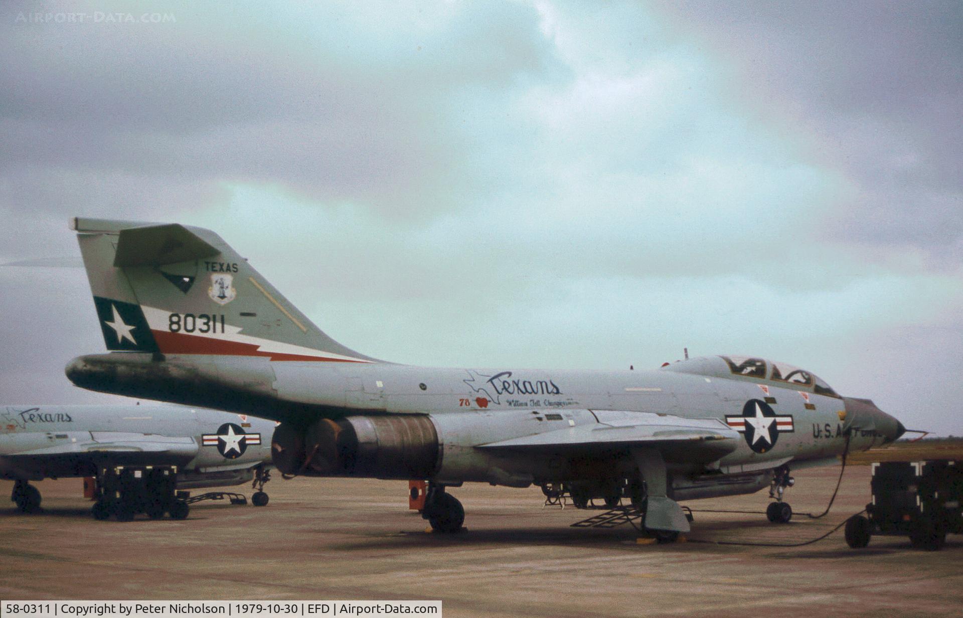 58-0311, 1958 McDonnell F-101F Voodoo C/N 683, F-101F Voodoo of the 111st Fighter Interceptor Squadron/147th Fighter Interceptor Group at Ellington AFB in October 1979.