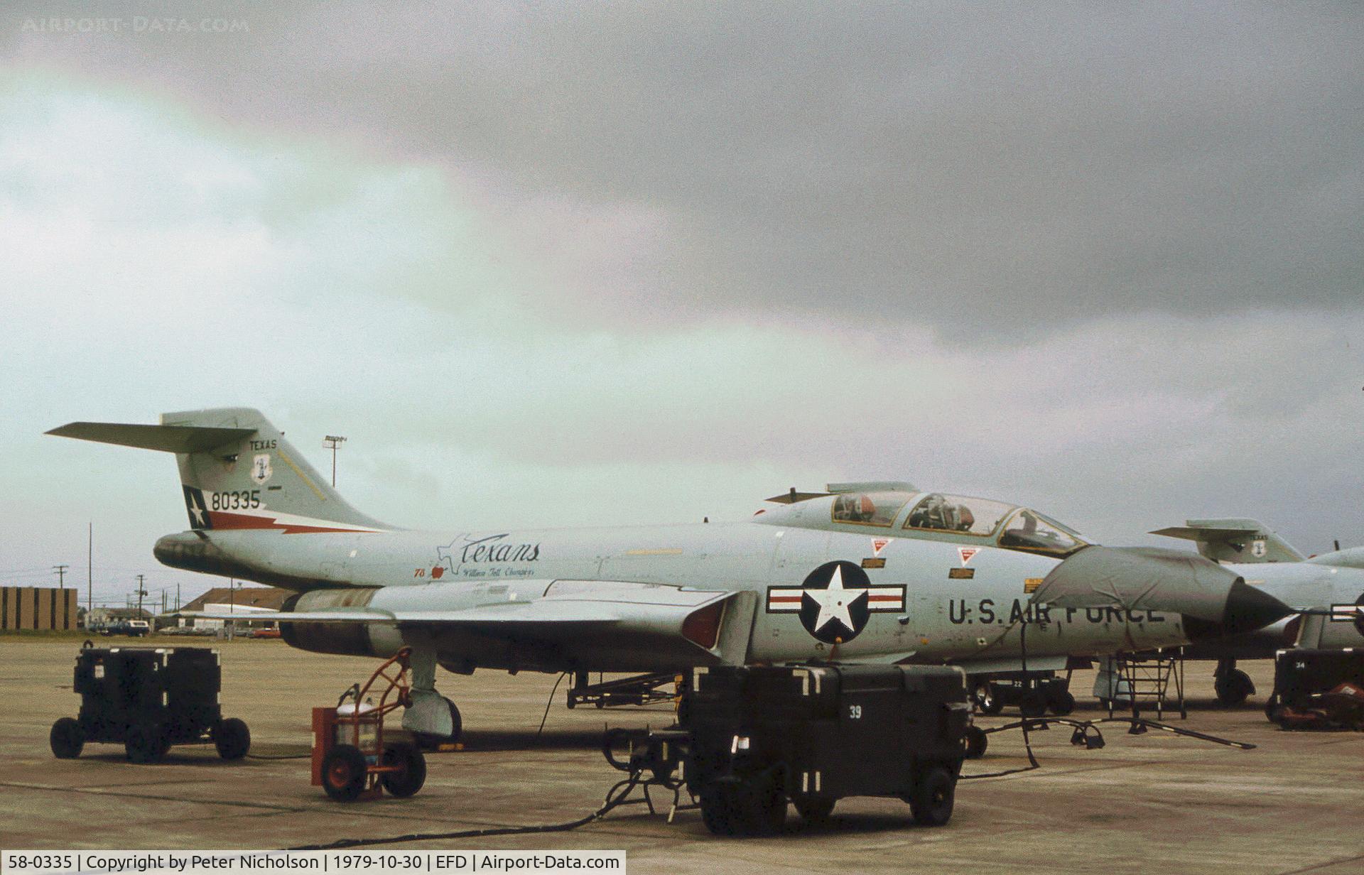 58-0335, 1958 McDonnell F-101B Voodoo C/N 707, F-101B Voodoo of the 111st Fighter Interceptor Group on the flight-line at Ellington AFB in October 1979.