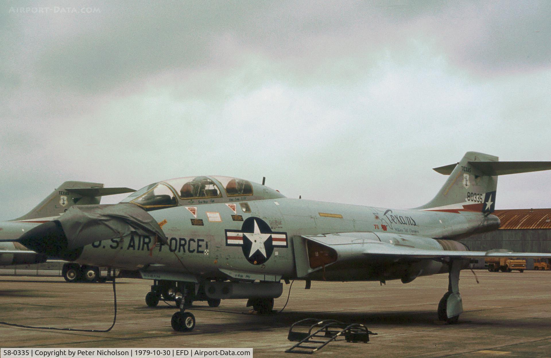 58-0335, 1958 McDonnell F-101B Voodoo C/N 707, Another view of this 111st Fighter Interceptor Squadron F-101B Voodoo as seen at Ellington AFB in October 1979.