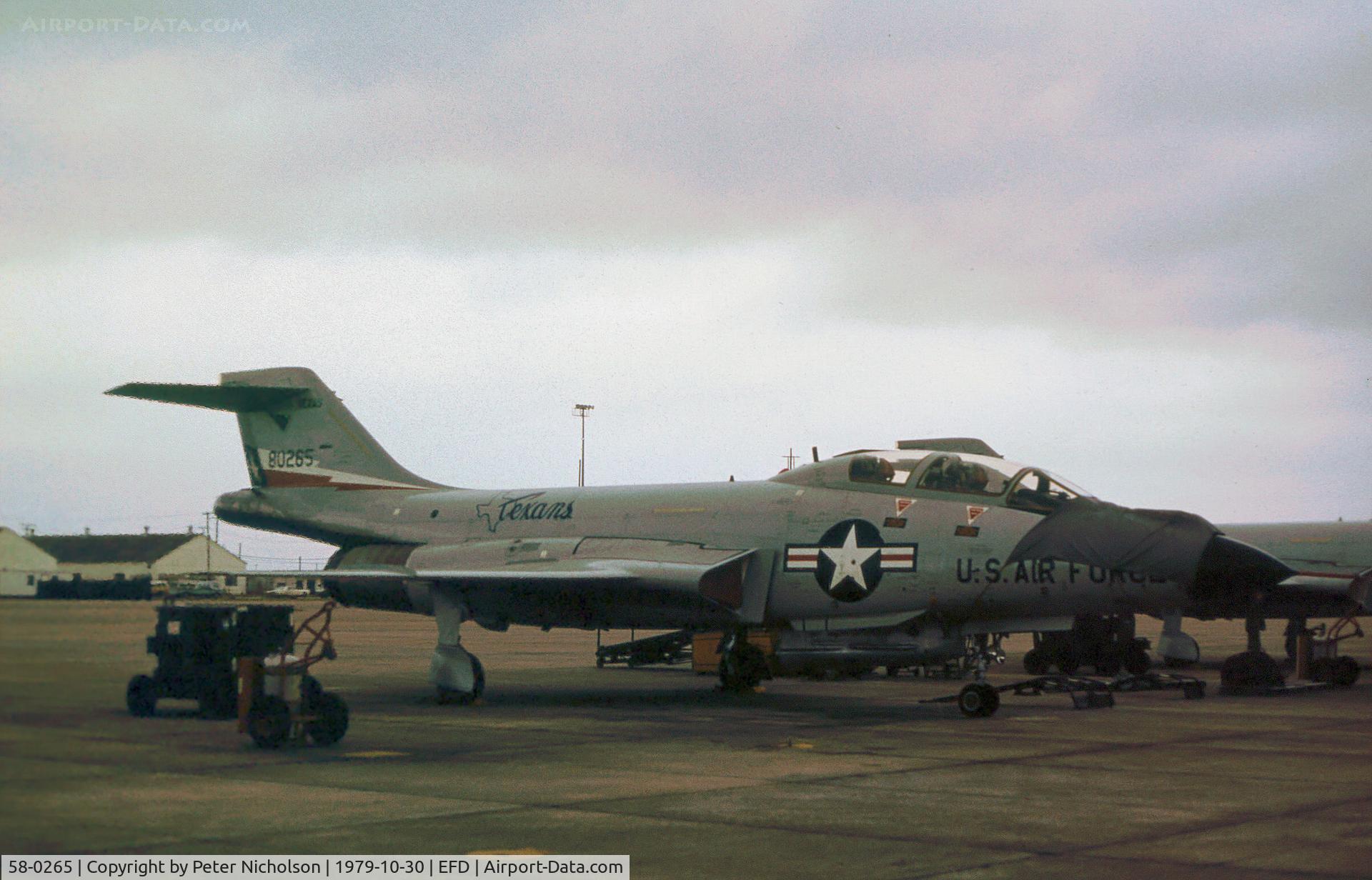 58-0265, 1958 McDonnell F-101B Voodoo C/N 637, F-101B Voodoo of the 111st Fighter Interceptor Squadron at Ellington AFB in October 1979.