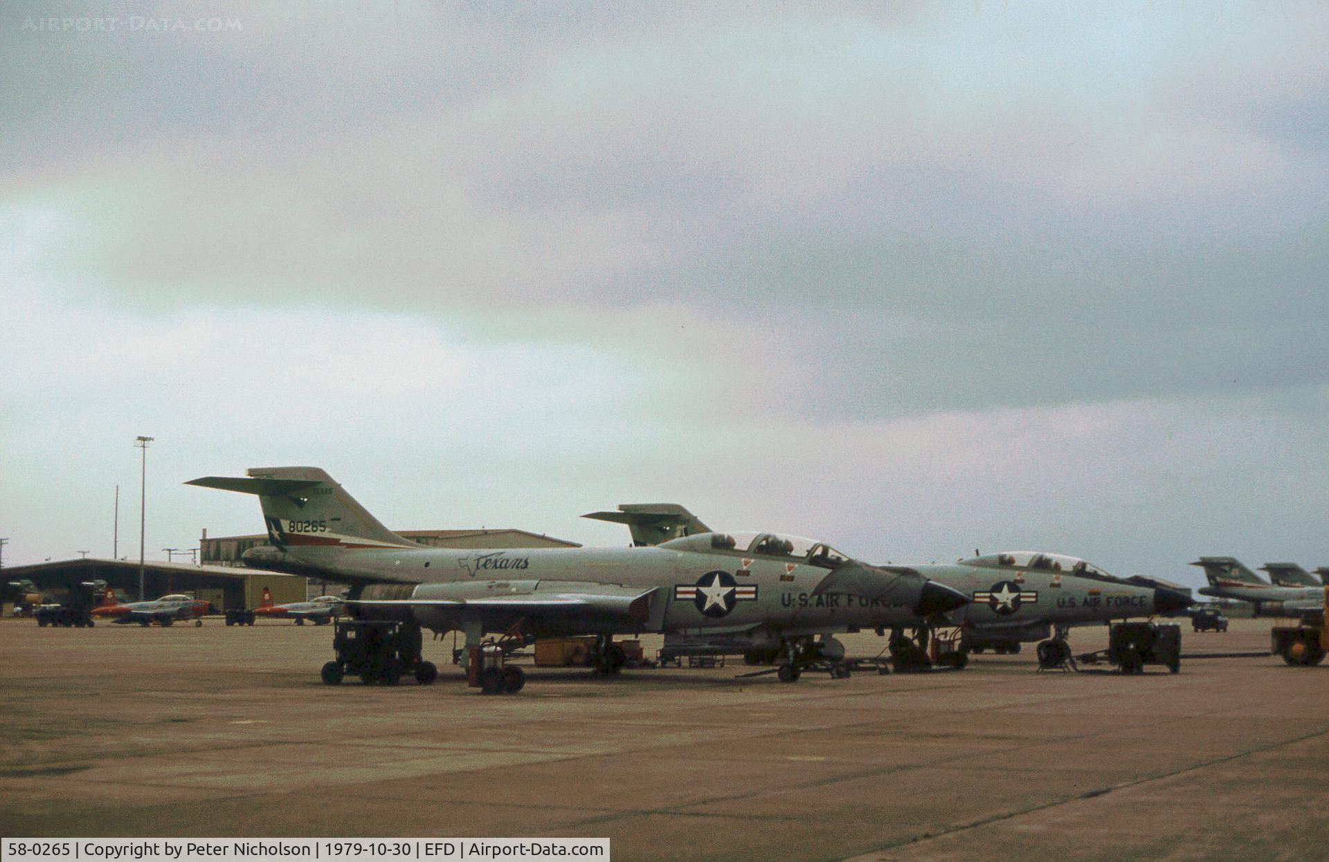 58-0265, 1958 McDonnell F-101B Voodoo C/N 637, Another view of this F-101B on the 111st Fighter Interceptor Squadron flight-line at Ellington AFB in October 1979.