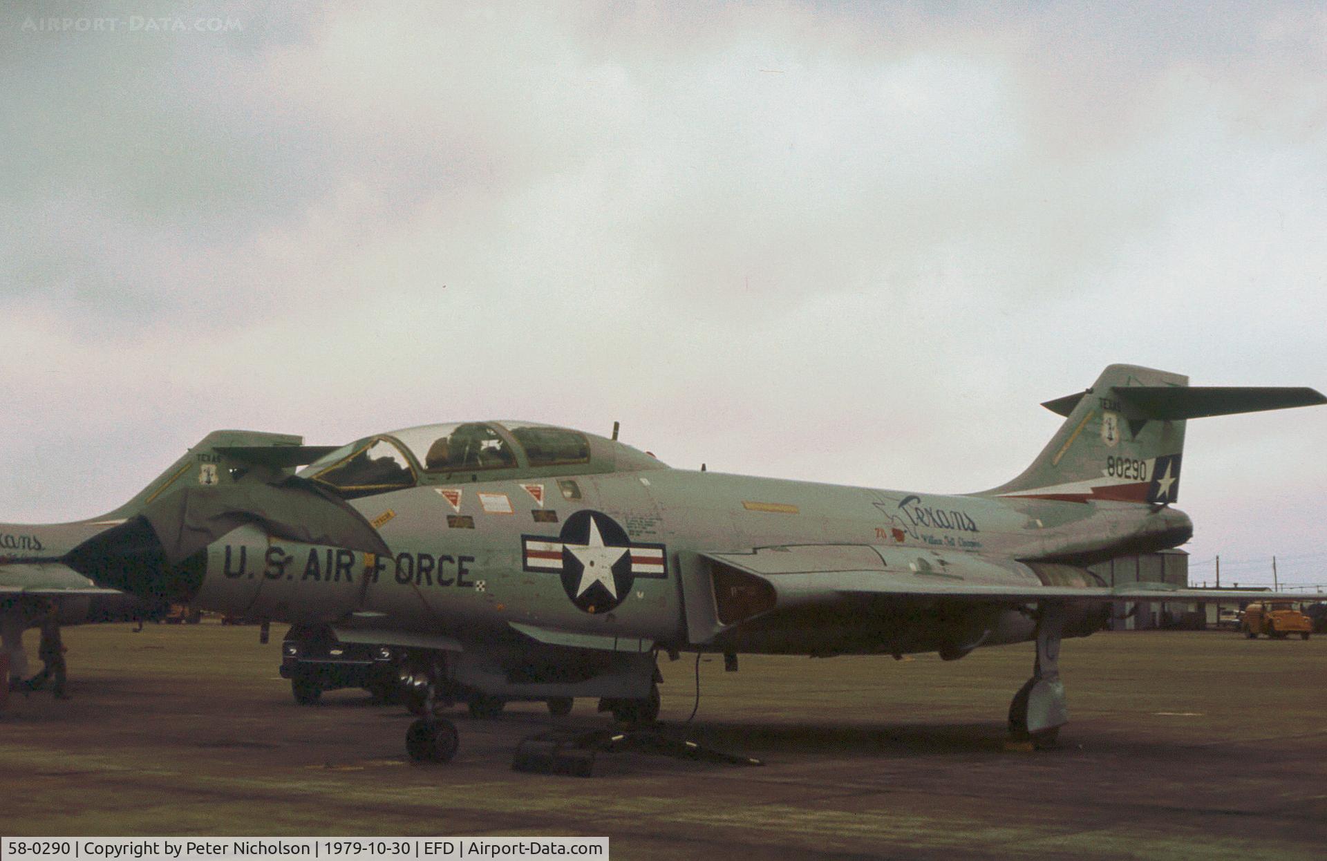 58-0290, 1958 McDonnell F-101F Voodoo C/N 663, F-101F Voodoo of the 111st Fighter Interceptor Squadron/147th Fighter Interceptor Group at Ellington AFB in October 1979.