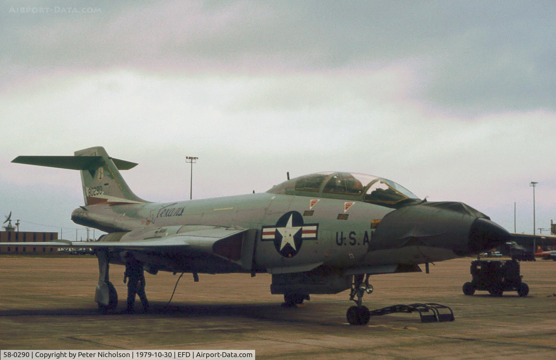 58-0290, 1958 McDonnell F-101F Voodoo C/N 663, Another view of this F-101F Voodoo on the flight-line at Ellington AFB in October 1979.