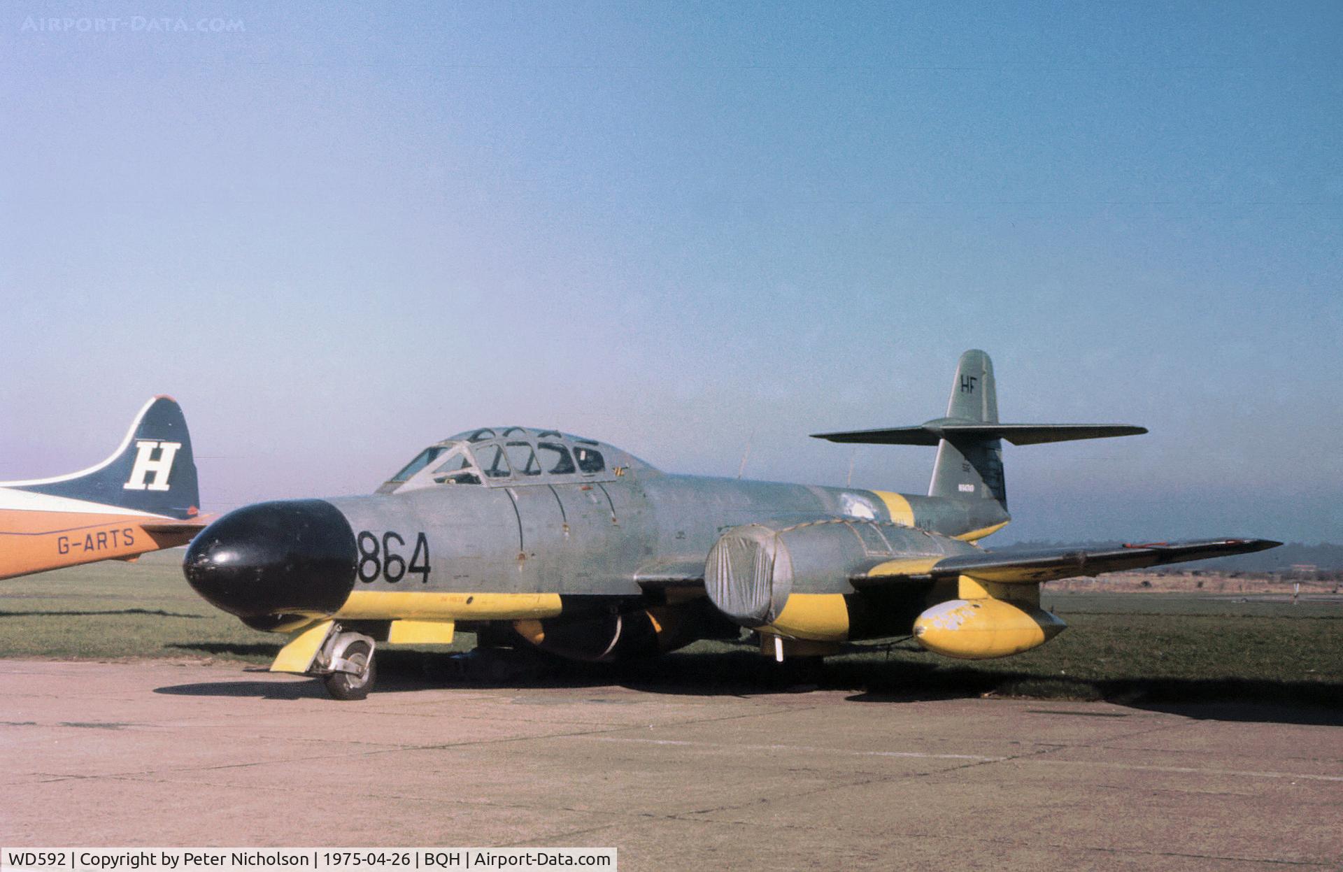 WD592, 1951 Gloster Meteor NF.11 C/N Not found N94749, Meteor TT.20 as seen at Biggin Hill in April 1975 and now preserved at Edwards AFB,  California.
