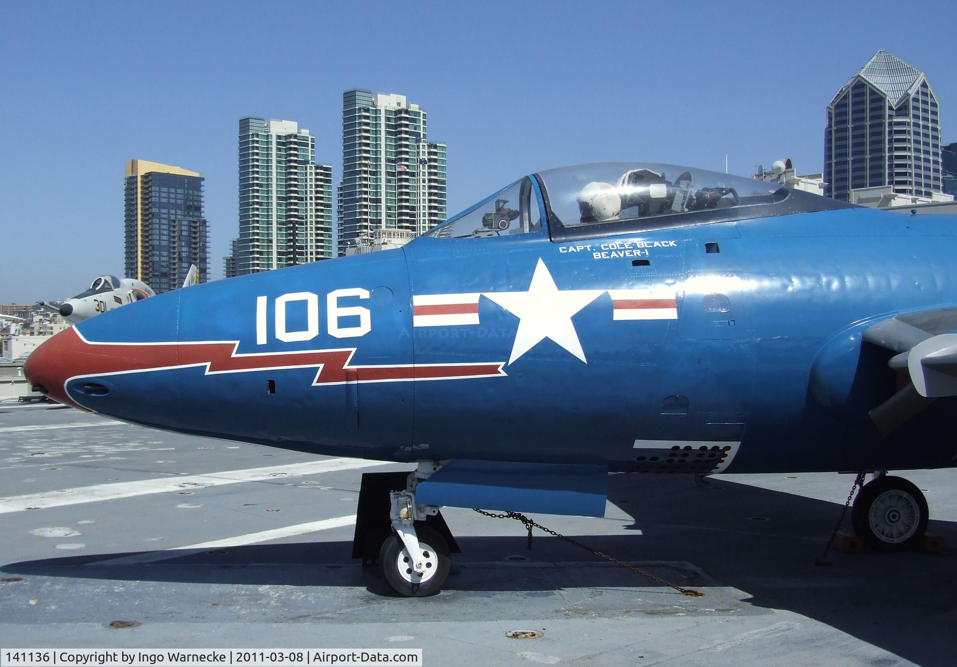 141136, Grumman F9F-8 Cougar C/N Not found 141136, Grumman F9F-5 Panther on the flight deck of the USS Midway Museum, San Diego CA