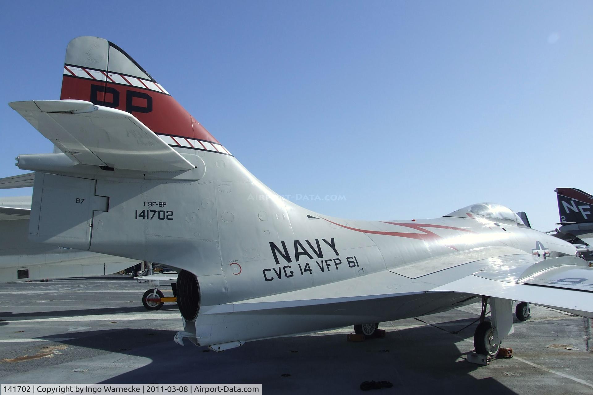 141702, Grumman F9F-8P Cougar C/N Not found 141702, Grumman F9F-8P Cougar on the flight deck of the USS Midway Museum, San Diego CA