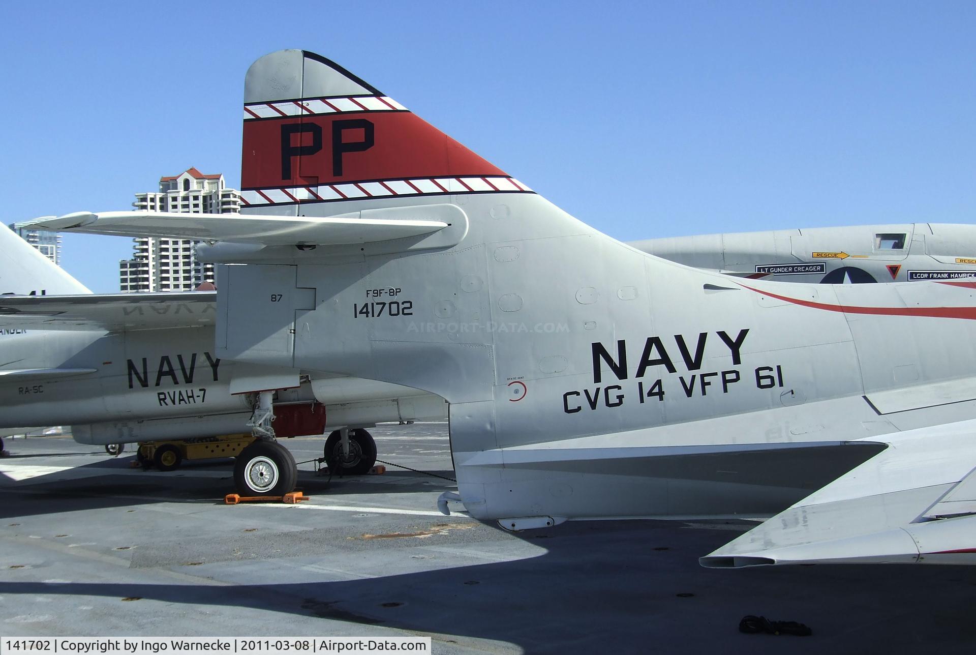 141702, Grumman F9F-8P Cougar C/N Not found 141702, Grumman F9F-8P Cougar on the flight deck of the USS Midway Museum, San Diego CA