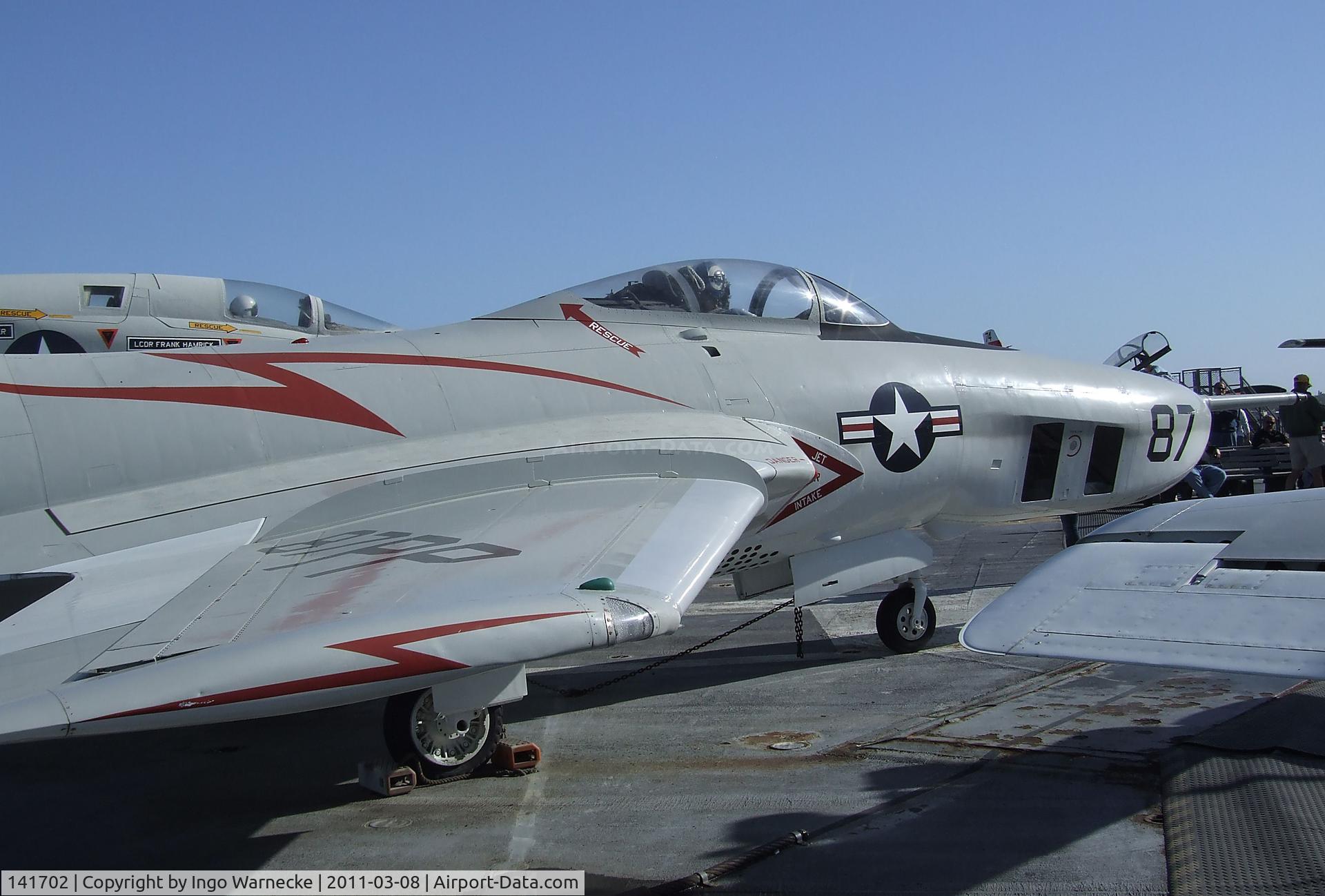 141702, Grumman F9F-8P Cougar C/N Not found 141702, Grumman F9F-8P Cougar on the flight deck of the USS Midway Museum, San Diego CA
