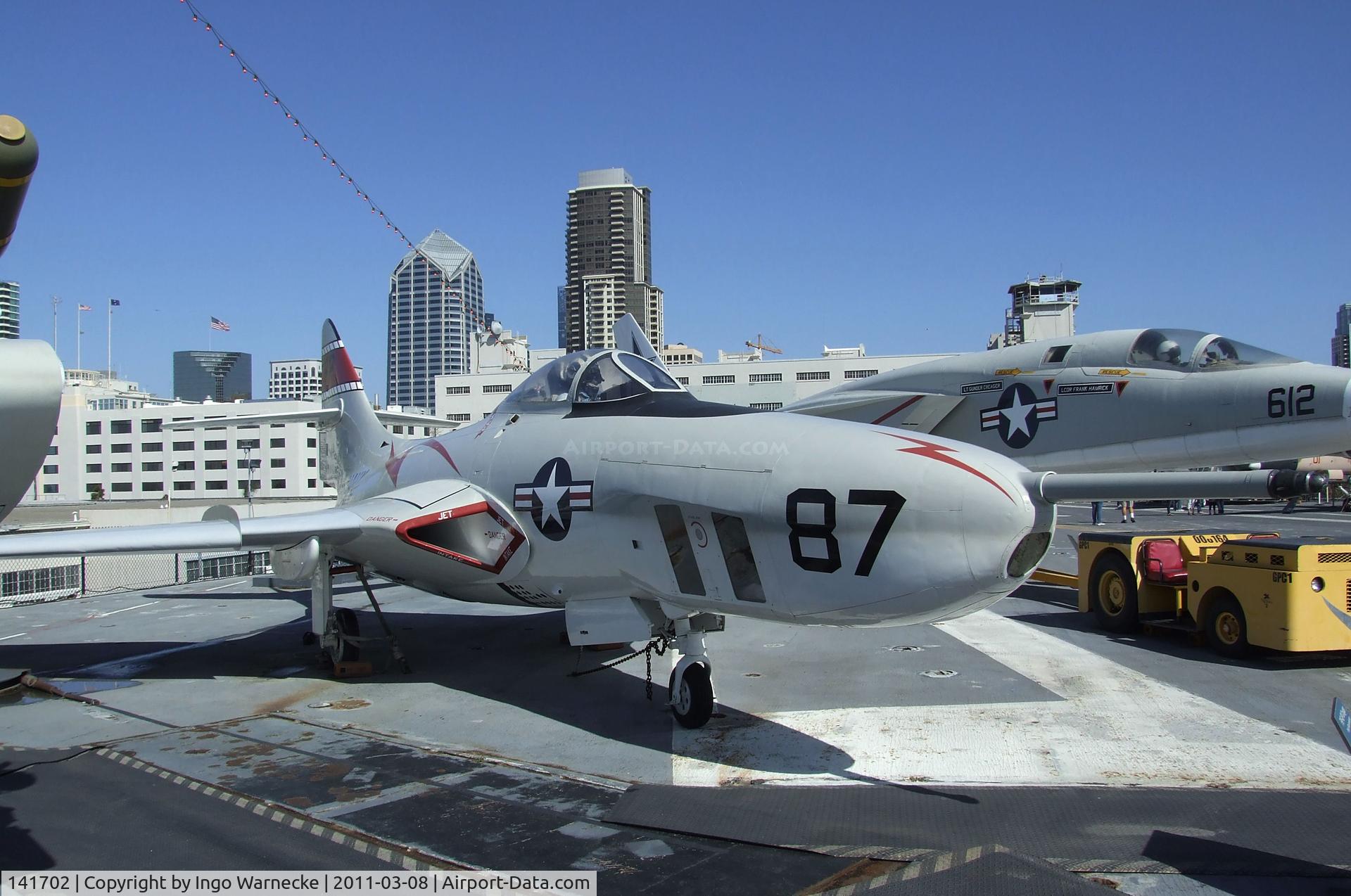 141702, Grumman F9F-8P Cougar C/N Not found 141702, Grumman F9F-8P Cougar on the flight deck of the USS Midway Museum, San Diego CA