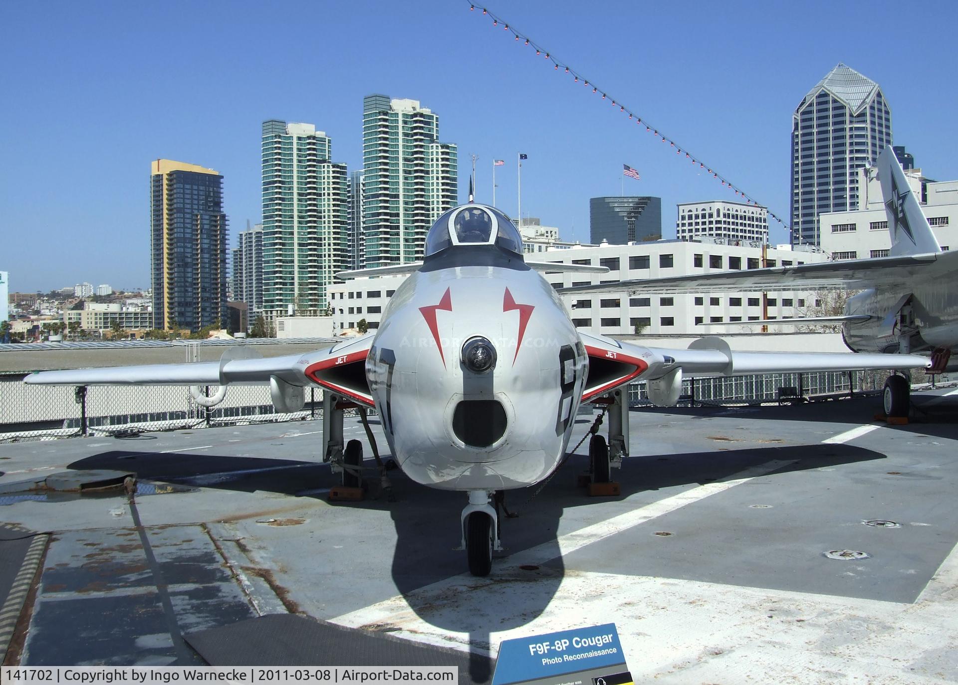 141702, Grumman F9F-8P Cougar C/N Not found 141702, Grumman F9F-8P Cougar on the flight deck of the USS Midway Museum, San Diego CA