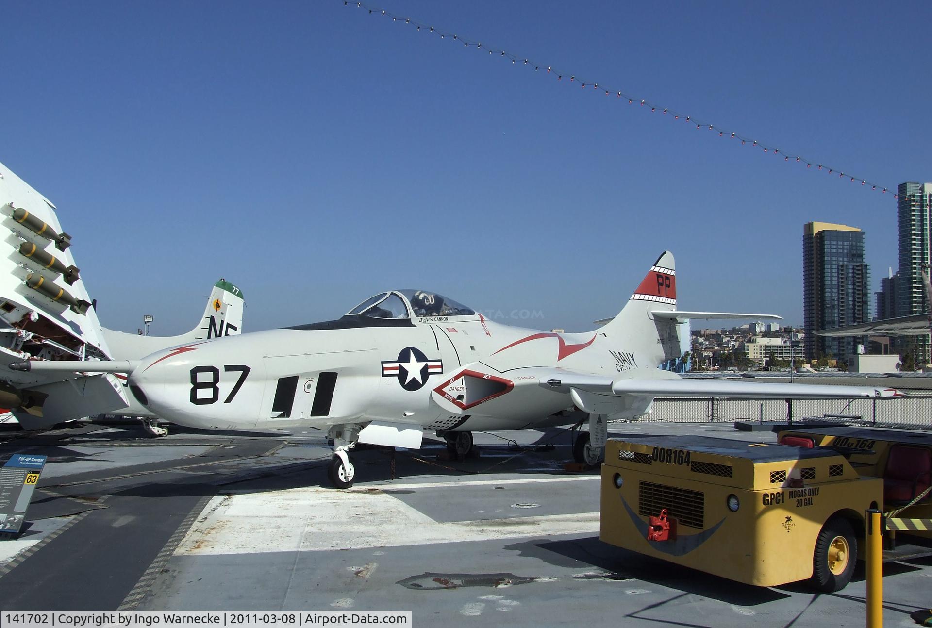 141702, Grumman F9F-8P Cougar C/N Not found 141702, Grumman F9F-8P Cougar on the flight deck of the USS Midway Museum, San Diego CA
