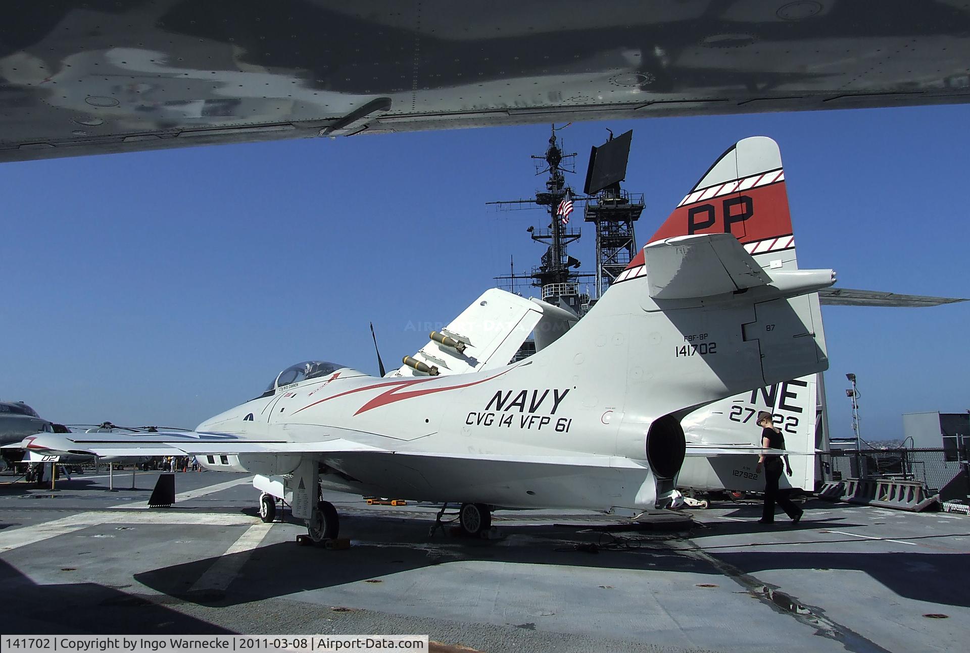 141702, Grumman F9F-8P Cougar C/N Not found 141702, Grumman F9F-8P Cougar on the flight deck of the USS Midway Museum, San Diego CA