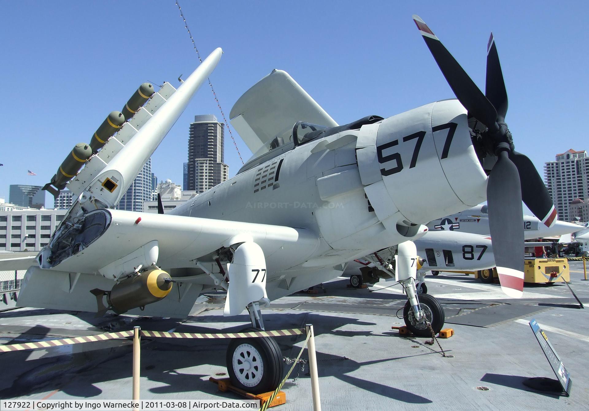127922, Douglas AD-4W Skyraider C/N 7937, Douglas AD-6 (A-1H) Skyraider - built as AD-4W, then converted to the present shape - on the flight deck of the USS Midway Museum, San Diego CA