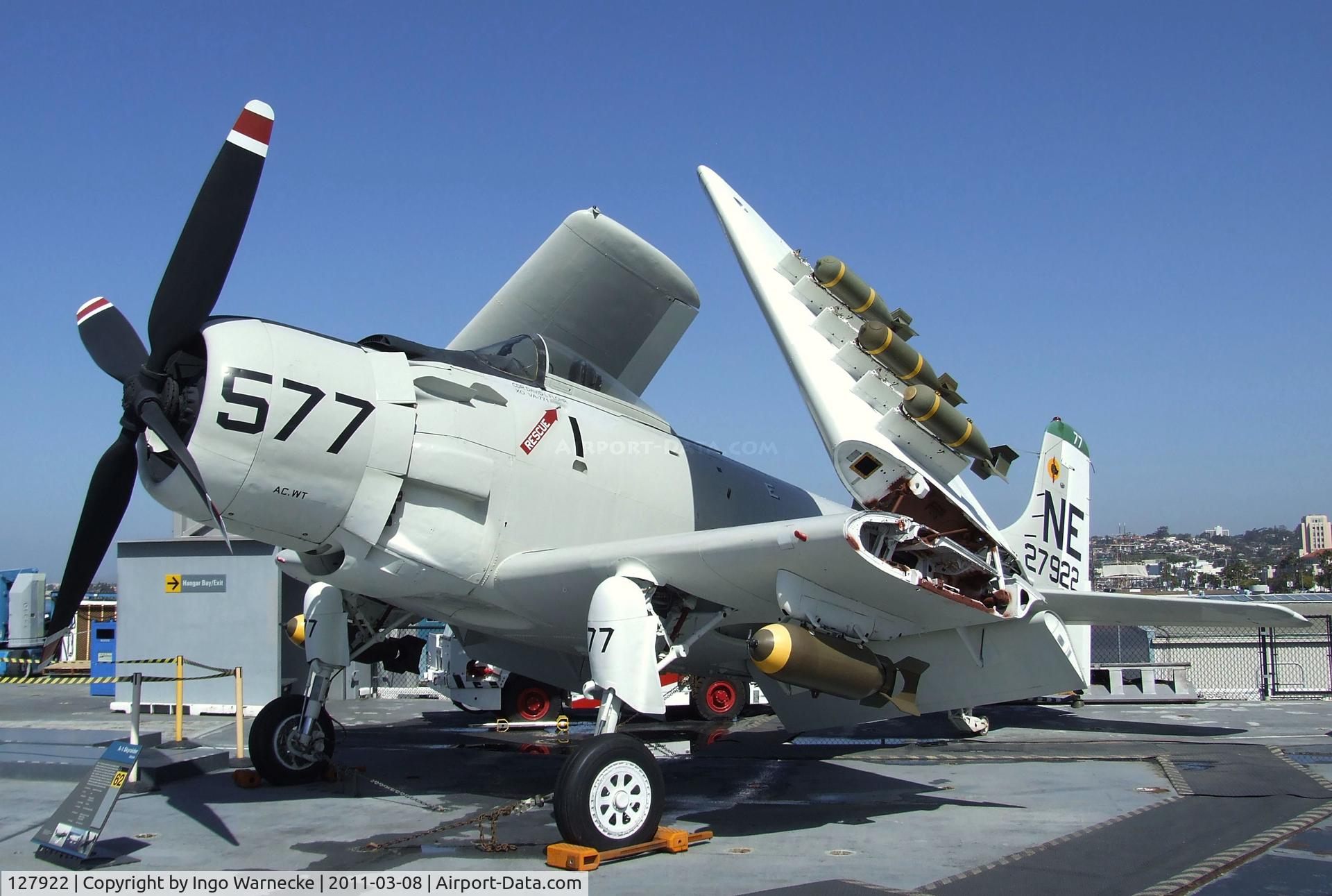 127922, Douglas AD-4W Skyraider C/N 7937, Douglas AD-6 (A-1H) Skyraider - built as AD-4W, then converted to the present shape - on the flight deck of the USS Midway Museum, San Diego CA