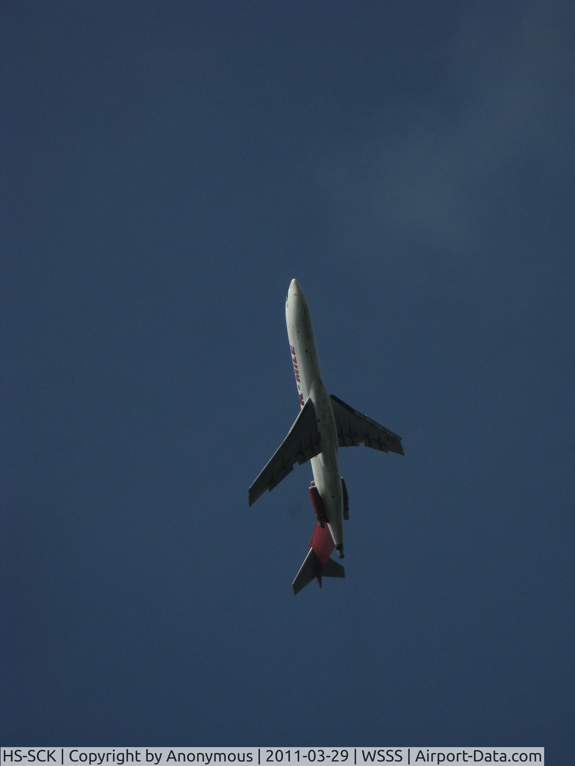 HS-SCK, 1980 Boeing 727-2J4F C/N 22080, Just after taking off from WSSS Rwy 02C. 

Picture is taken with a cheapo Canon A720IS and the plane is already quite high, so